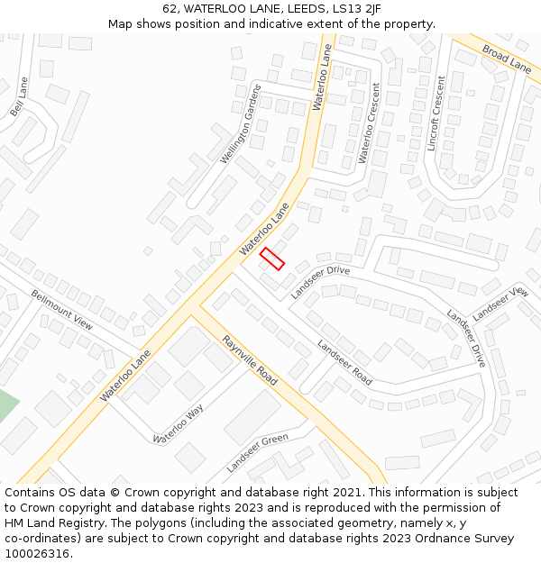 62, WATERLOO LANE, LEEDS, LS13 2JF: Location map and indicative extent of plot