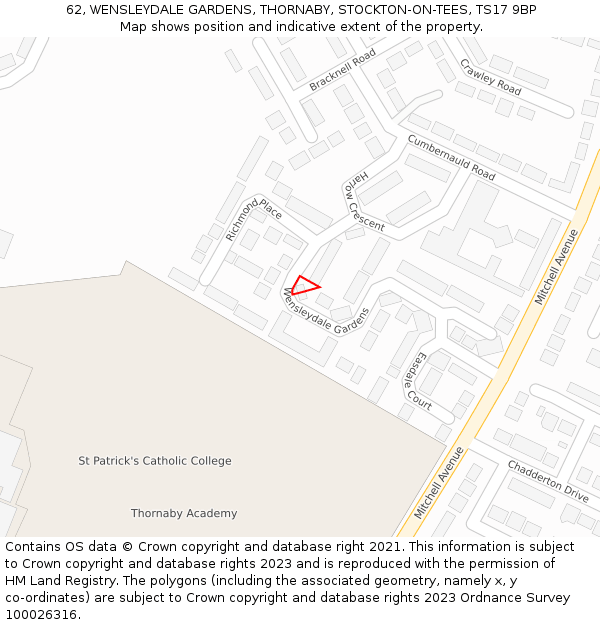 62, WENSLEYDALE GARDENS, THORNABY, STOCKTON-ON-TEES, TS17 9BP: Location map and indicative extent of plot