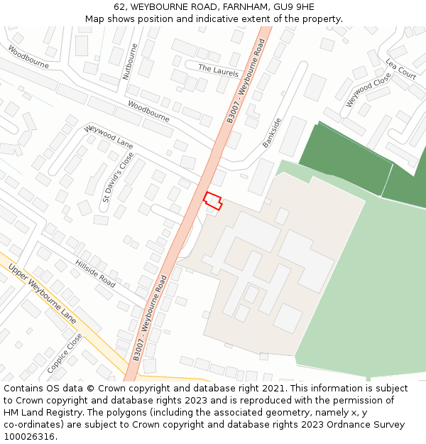 62, WEYBOURNE ROAD, FARNHAM, GU9 9HE: Location map and indicative extent of plot