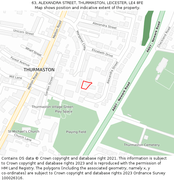 63, ALEXANDRA STREET, THURMASTON, LEICESTER, LE4 8FE: Location map and indicative extent of plot