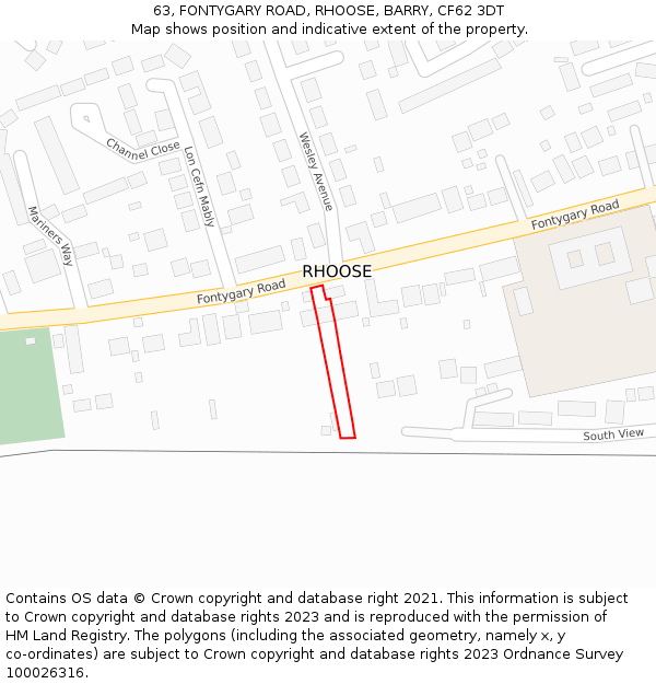 63, FONTYGARY ROAD, RHOOSE, BARRY, CF62 3DT: Location map and indicative extent of plot