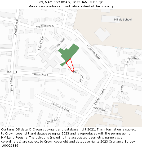 63, MACLEOD ROAD, HORSHAM, RH13 5JG: Location map and indicative extent of plot