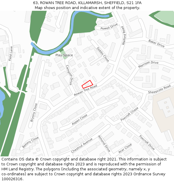 63, ROWAN TREE ROAD, KILLAMARSH, SHEFFIELD, S21 1FA: Location map and indicative extent of plot