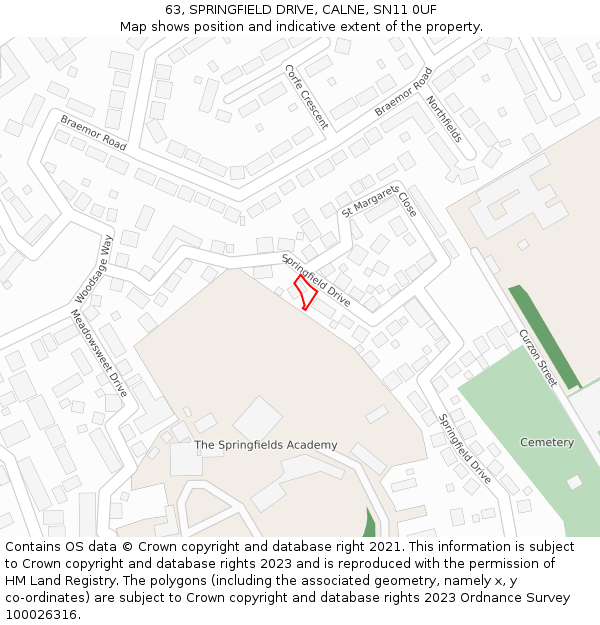 63, SPRINGFIELD DRIVE, CALNE, SN11 0UF: Location map and indicative extent of plot