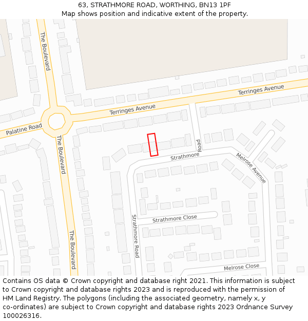 63, STRATHMORE ROAD, WORTHING, BN13 1PF: Location map and indicative extent of plot