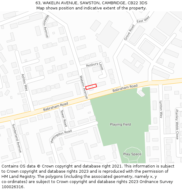 63, WAKELIN AVENUE, SAWSTON, CAMBRIDGE, CB22 3DS: Location map and indicative extent of plot