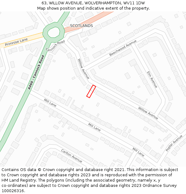 63, WILLOW AVENUE, WOLVERHAMPTON, WV11 1DW: Location map and indicative extent of plot