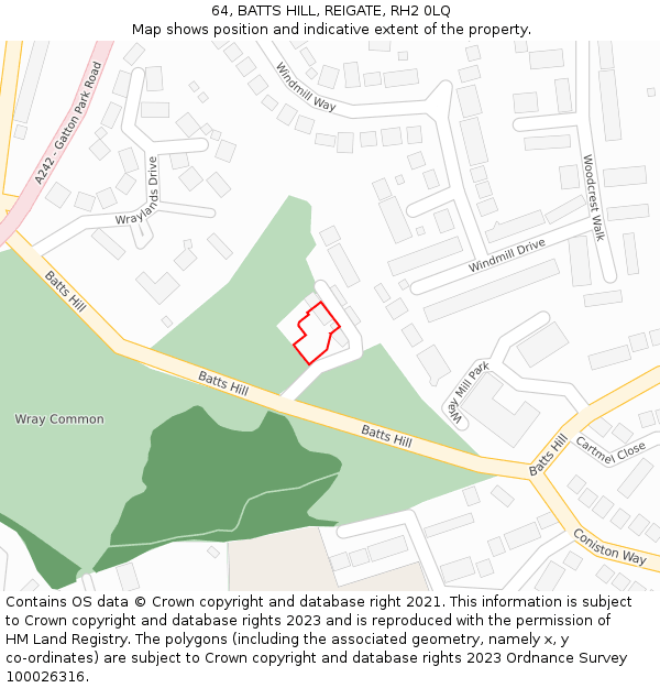 64, BATTS HILL, REIGATE, RH2 0LQ: Location map and indicative extent of plot