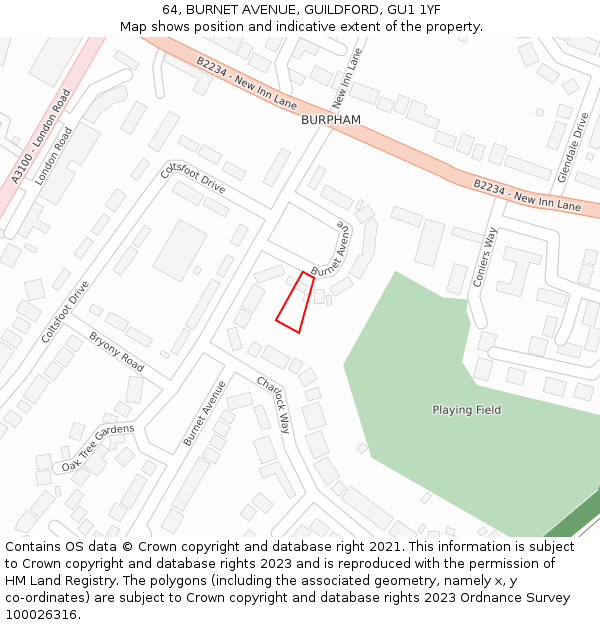 64, BURNET AVENUE, GUILDFORD, GU1 1YF: Location map and indicative extent of plot