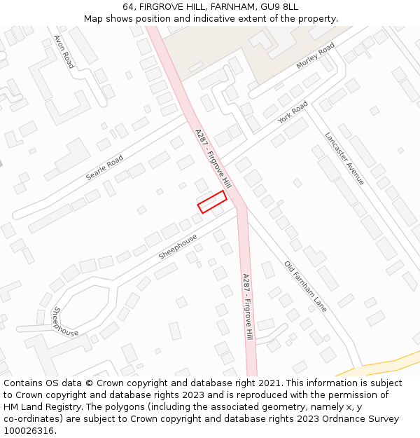 64, FIRGROVE HILL, FARNHAM, GU9 8LL: Location map and indicative extent of plot