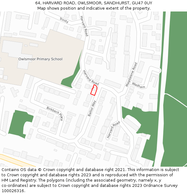 64, HARVARD ROAD, OWLSMOOR, SANDHURST, GU47 0UY: Location map and indicative extent of plot