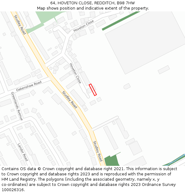 64, HOVETON CLOSE, REDDITCH, B98 7HW: Location map and indicative extent of plot