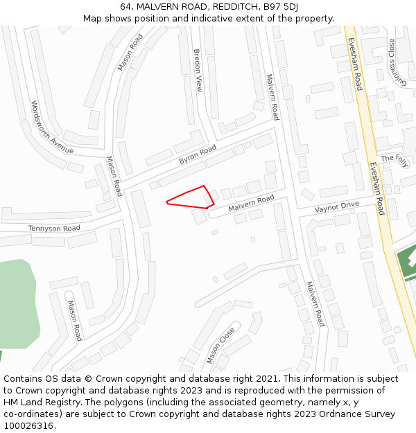 64, MALVERN ROAD, REDDITCH, B97 5DJ: Location map and indicative extent of plot