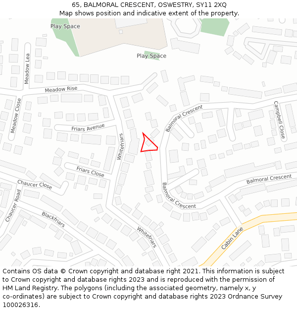65, BALMORAL CRESCENT, OSWESTRY, SY11 2XQ: Location map and indicative extent of plot