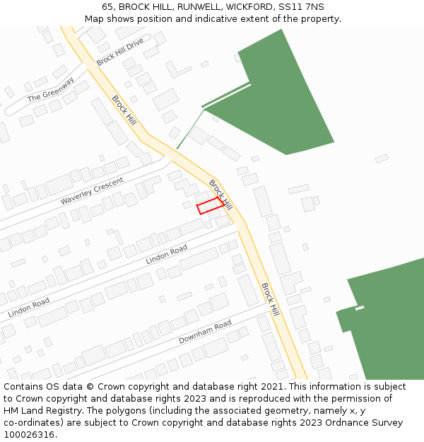 65, BROCK HILL, RUNWELL, WICKFORD, SS11 7NS: Location map and indicative extent of plot