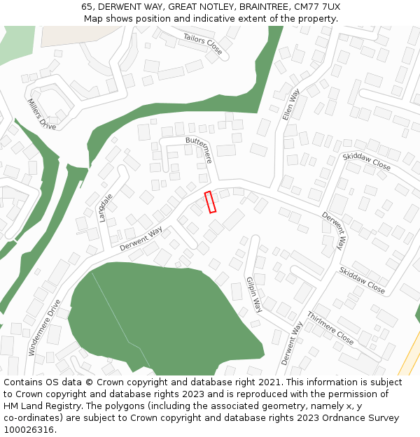 65, DERWENT WAY, GREAT NOTLEY, BRAINTREE, CM77 7UX: Location map and indicative extent of plot