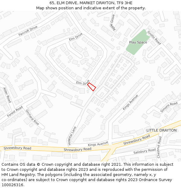 65, ELM DRIVE, MARKET DRAYTON, TF9 3HE: Location map and indicative extent of plot