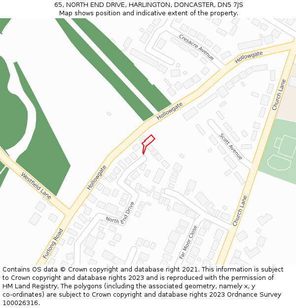65, NORTH END DRIVE, HARLINGTON, DONCASTER, DN5 7JS: Location map and indicative extent of plot
