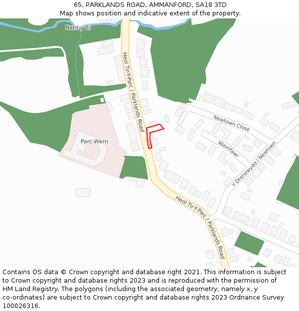 65, PARKLANDS ROAD, AMMANFORD, SA18 3TD: Location map and indicative extent of plot