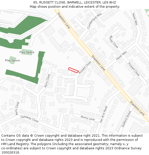 65, RUSSETT CLOSE, BARWELL, LEICESTER, LE9 8HZ: Location map and indicative extent of plot