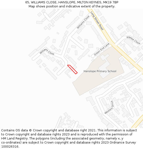 65, WILLIAMS CLOSE, HANSLOPE, MILTON KEYNES, MK19 7BP: Location map and indicative extent of plot