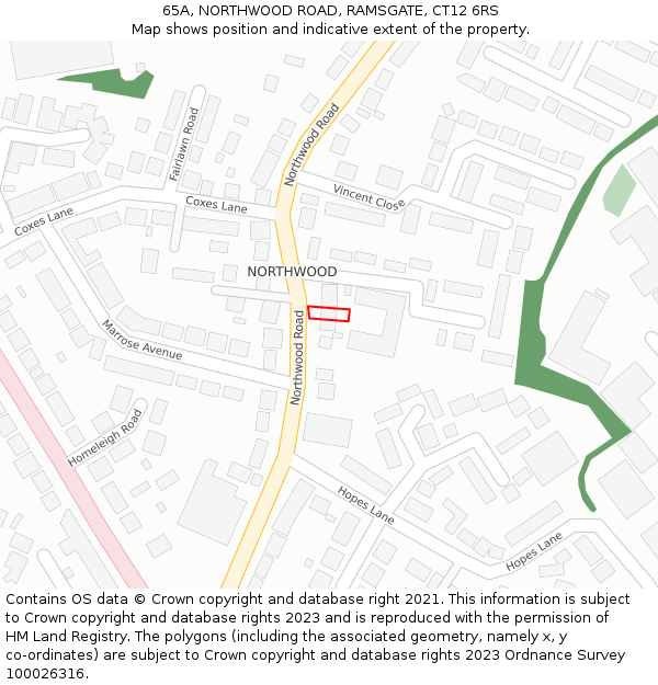 65A, NORTHWOOD ROAD, RAMSGATE, CT12 6RS: Location map and indicative extent of plot