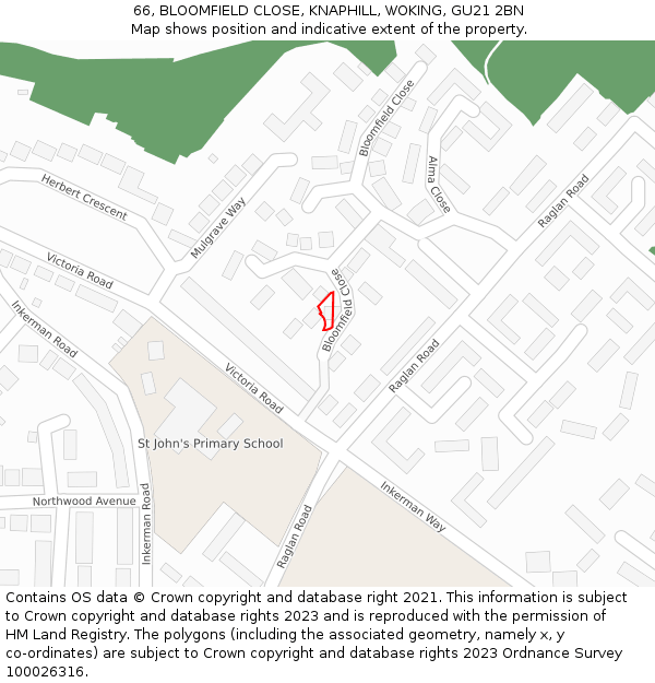 66, BLOOMFIELD CLOSE, KNAPHILL, WOKING, GU21 2BN: Location map and indicative extent of plot