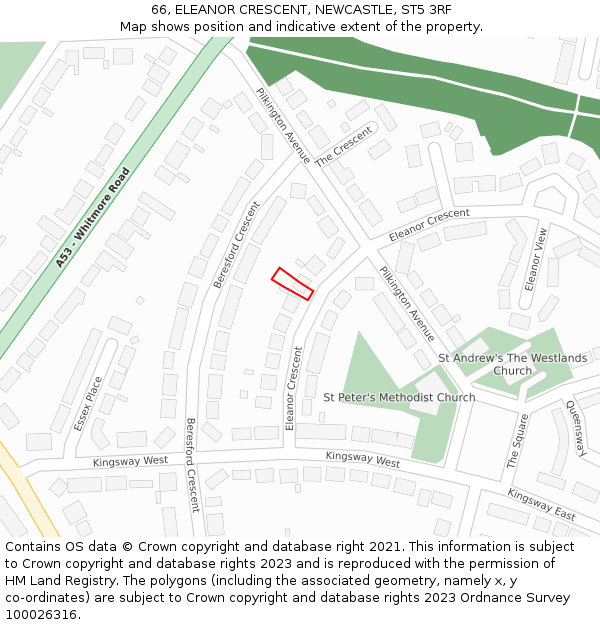 66, ELEANOR CRESCENT, NEWCASTLE, ST5 3RF: Location map and indicative extent of plot