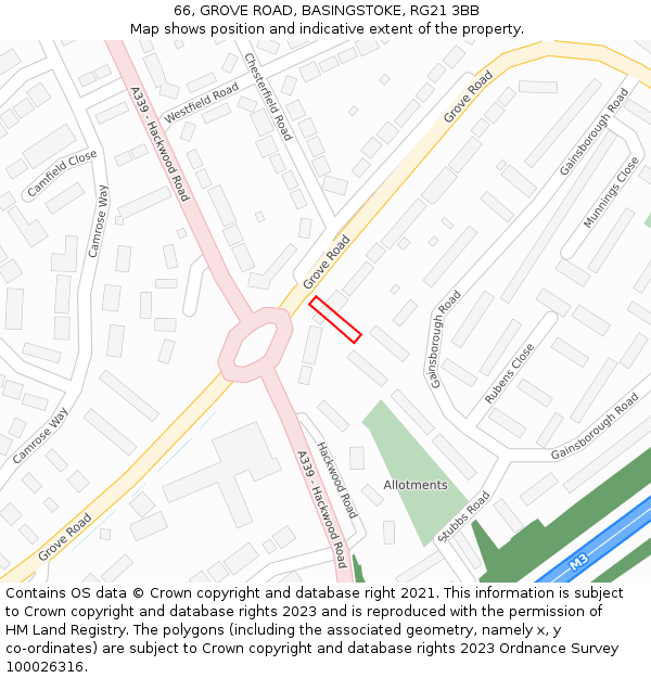 66, GROVE ROAD, BASINGSTOKE, RG21 3BB: Location map and indicative extent of plot