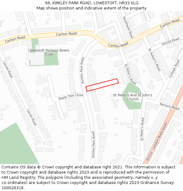 66, KIRKLEY PARK ROAD, LOWESTOFT, NR33 0LG: Location map and indicative extent of plot