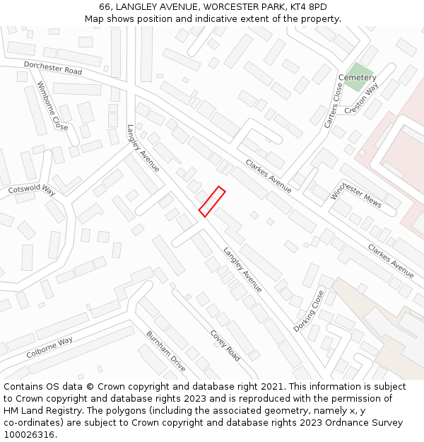 66, LANGLEY AVENUE, WORCESTER PARK, KT4 8PD: Location map and indicative extent of plot