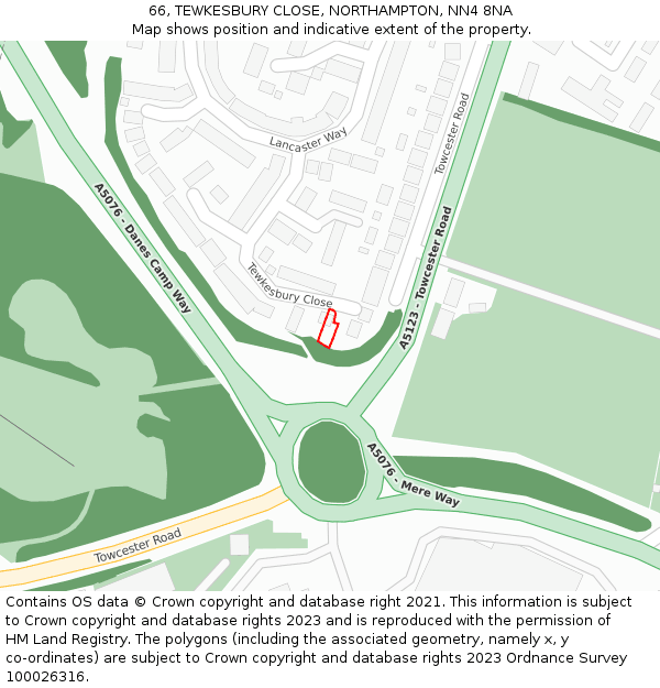 66, TEWKESBURY CLOSE, NORTHAMPTON, NN4 8NA: Location map and indicative extent of plot