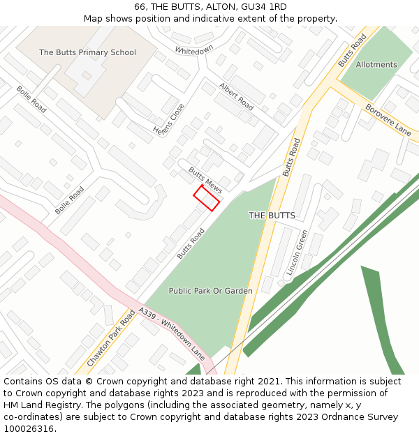 66, THE BUTTS, ALTON, GU34 1RD: Location map and indicative extent of plot