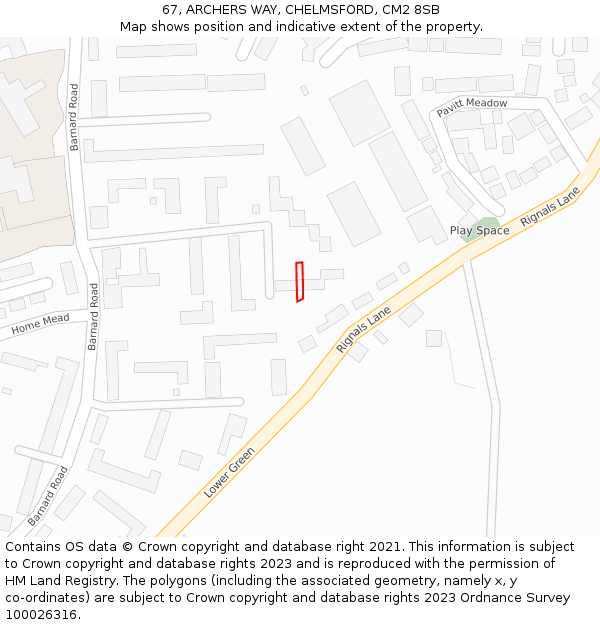 67, ARCHERS WAY, CHELMSFORD, CM2 8SB: Location map and indicative extent of plot