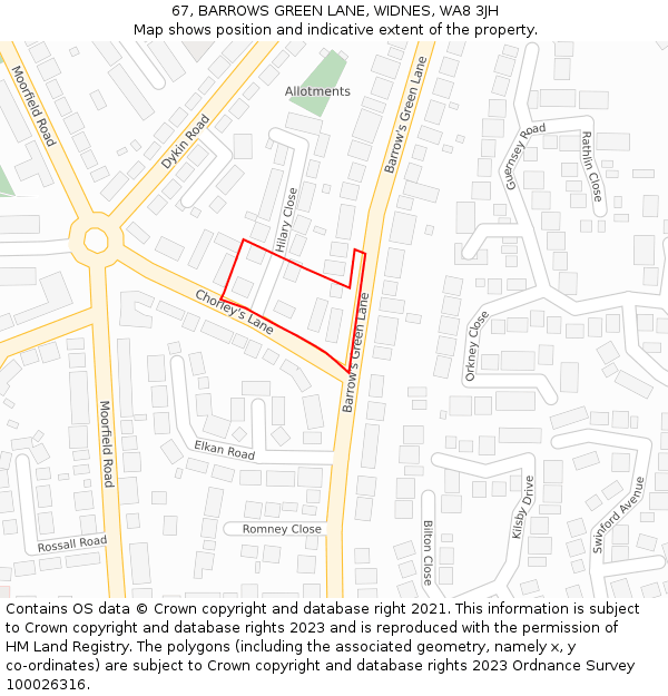 67, BARROWS GREEN LANE, WIDNES, WA8 3JH: Location map and indicative extent of plot