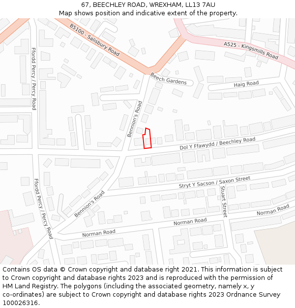 67, BEECHLEY ROAD, WREXHAM, LL13 7AU: Location map and indicative extent of plot