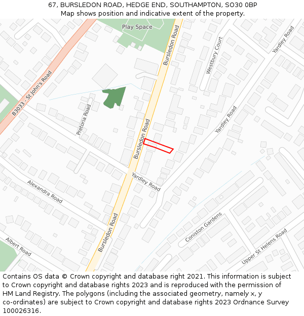 67, BURSLEDON ROAD, HEDGE END, SOUTHAMPTON, SO30 0BP: Location map and indicative extent of plot