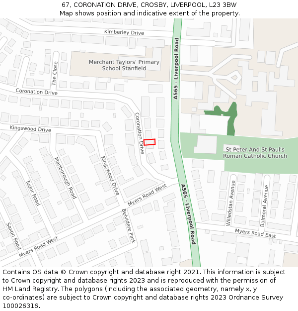 67, CORONATION DRIVE, CROSBY, LIVERPOOL, L23 3BW: Location map and indicative extent of plot