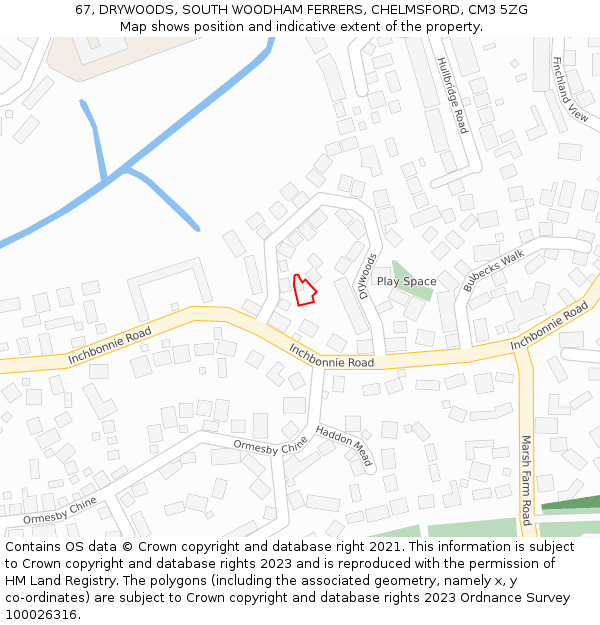 67, DRYWOODS, SOUTH WOODHAM FERRERS, CHELMSFORD, CM3 5ZG: Location map and indicative extent of plot