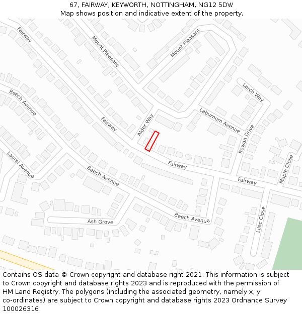 67, FAIRWAY, KEYWORTH, NOTTINGHAM, NG12 5DW: Location map and indicative extent of plot