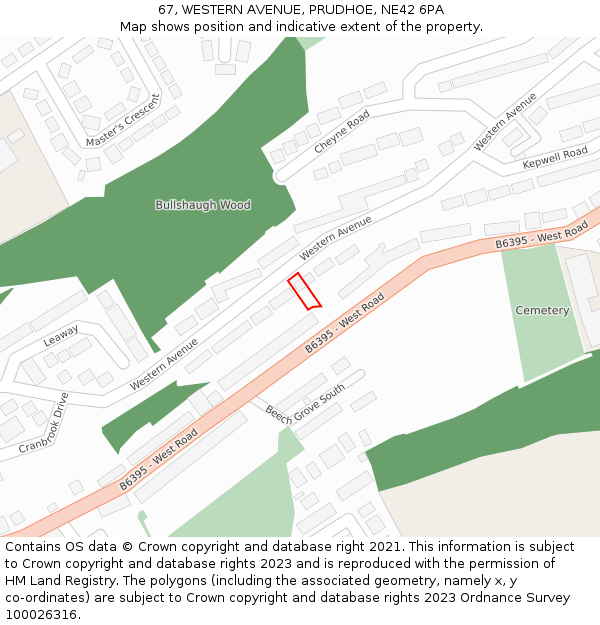 67, WESTERN AVENUE, PRUDHOE, NE42 6PA: Location map and indicative extent of plot