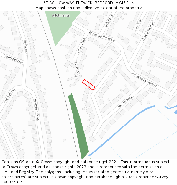 67, WILLOW WAY, FLITWICK, BEDFORD, MK45 1LN: Location map and indicative extent of plot