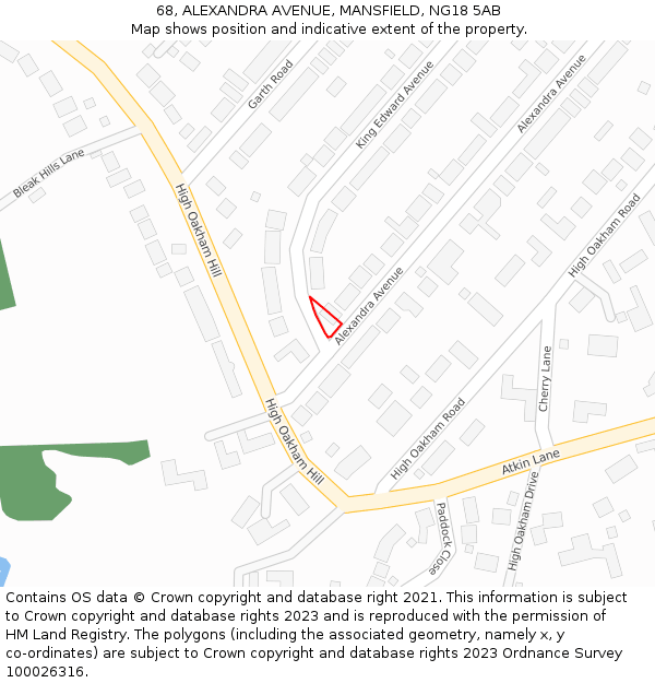 68, ALEXANDRA AVENUE, MANSFIELD, NG18 5AB: Location map and indicative extent of plot