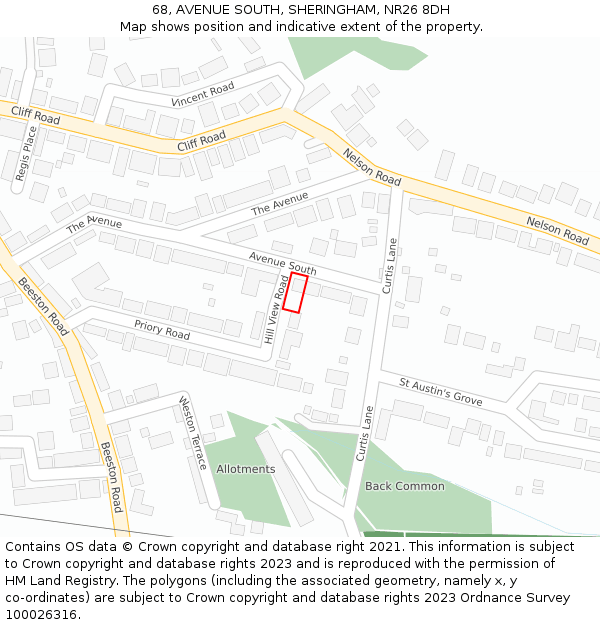 68, AVENUE SOUTH, SHERINGHAM, NR26 8DH: Location map and indicative extent of plot