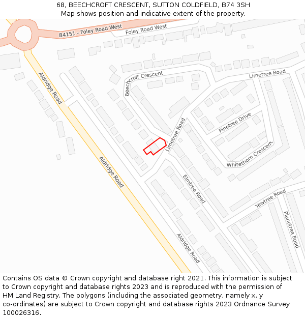 68, BEECHCROFT CRESCENT, SUTTON COLDFIELD, B74 3SH: Location map and indicative extent of plot