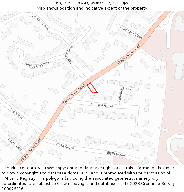 68, BLYTH ROAD, WORKSOP, S81 0JW: Location map and indicative extent of plot