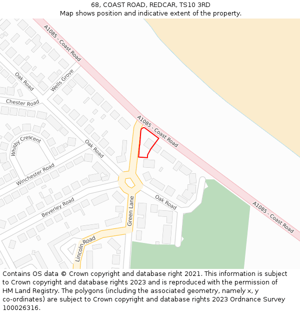 68, COAST ROAD, REDCAR, TS10 3RD: Location map and indicative extent of plot