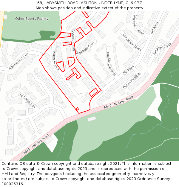 68, LADYSMITH ROAD, ASHTON-UNDER-LYNE, OL6 9BZ: Location map and indicative extent of plot