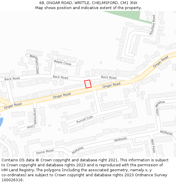 68, ONGAR ROAD, WRITTLE, CHELMSFORD, CM1 3NX: Location map and indicative extent of plot