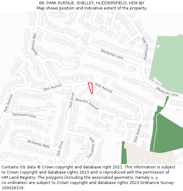 68, PARK AVENUE, SHELLEY, HUDDERSFIELD, HD8 8JY: Location map and indicative extent of plot